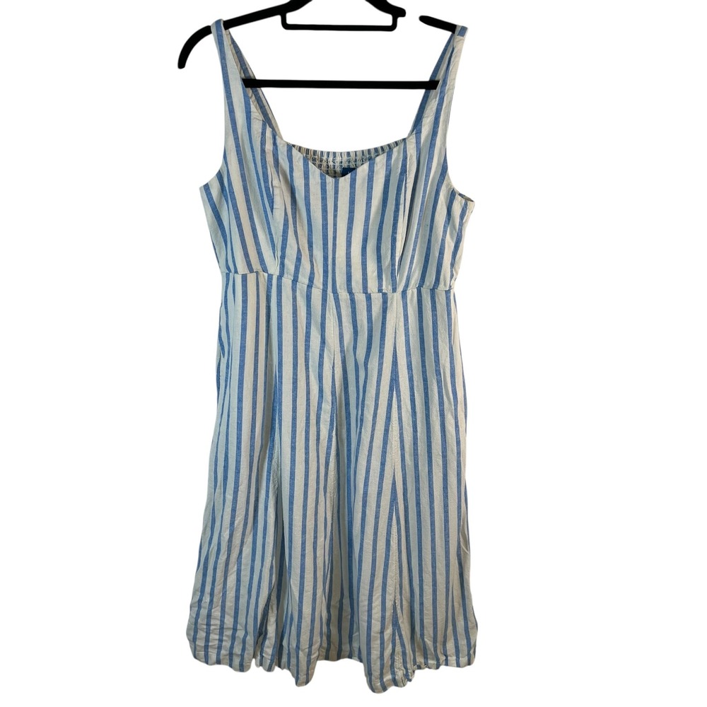 Old Navy Womens Blue‎ White Striped Linen Blend Smocked Back Midi Dress Large